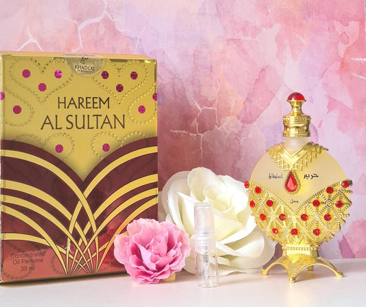 Khadlaj Hareem Al Sultan Gold Perfume Oil Samples.